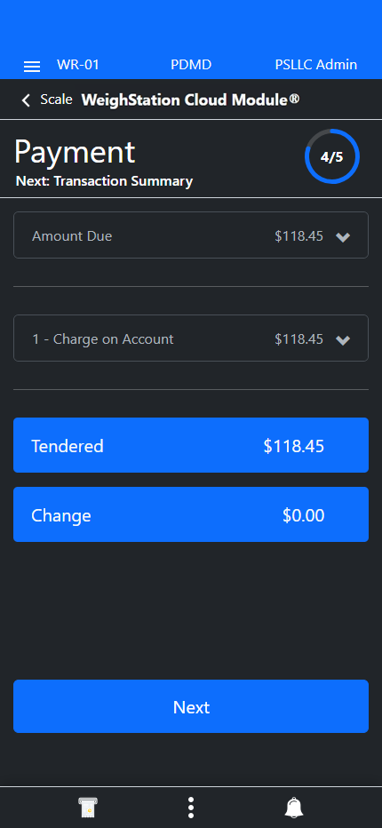 Slide 1: Screen capture of WeighStation® showing the payment processing screen